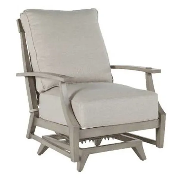 Outdoor lounge chair with sturdy aluminum frame and thick light gray cushions with clean lines