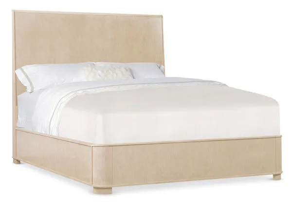Westwood Queen Panel Bed with polished limestone quartered oak veneer, minimalist headboard and footboard in light beige