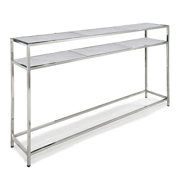 Echelon console table with slim polished nickel iron frame and two white marble slab shelves in symmetrical design