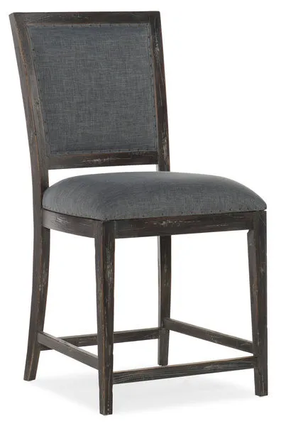 Beaumont Hardwood & Fabric Counter Stool with slate fabric upholstery and distressed French Press wood frame accented by b...