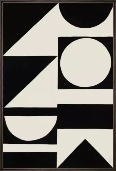 Bold black and white geometric painting with triangles, circles, and rectangles in sharp contrast