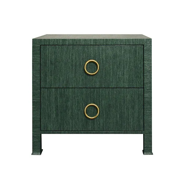 Edelman Side Table in deep green with two drawers, brass ring pulls, and slim legs with a textured finish