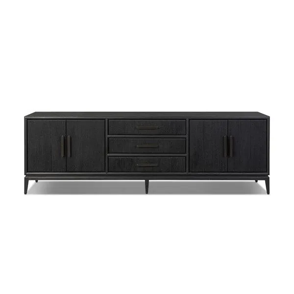 Black-finished oak Rosenell Media Console with smooth top, three drawers, and woven paper cord cabinet doors