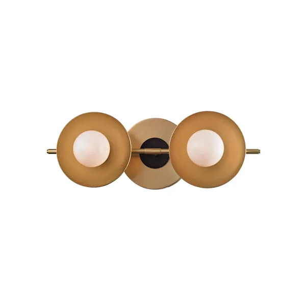 Julien 2 Light Bath Bracket with dual polished opal diffusers set in circular textured black and brass satellite shades on...