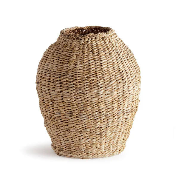 Teardrop-shaped vase woven from natural abaca leaf fiber with a broad base and open top