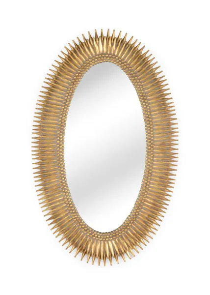 46-inch oval wall mirror with an antique gold leaf composite frame featuring radiating pointed spikes