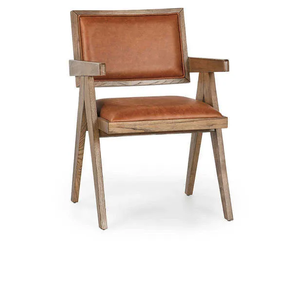 Dolton Arm Chair with mid-century modern tapered wooden legs and cognac top-grain leather upholstery