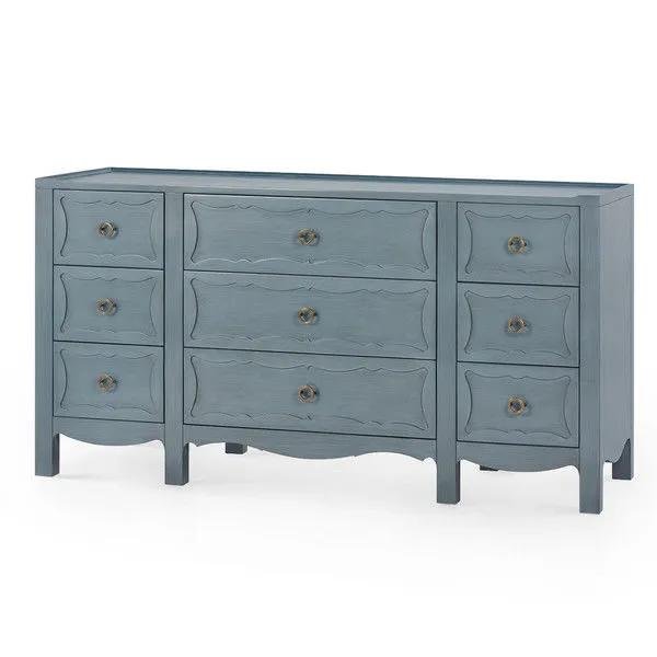 Sara Extra Large 9-Drawer Cabinet in foggy horizon finish with scalloped drawer fronts and brass ring pulls