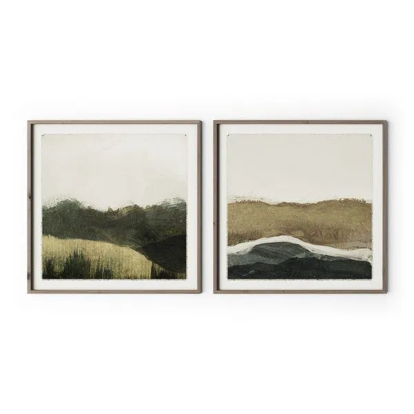Rustic diptych paintings with abstract coastal landscapes in muted olive and beige tones framed in walnut