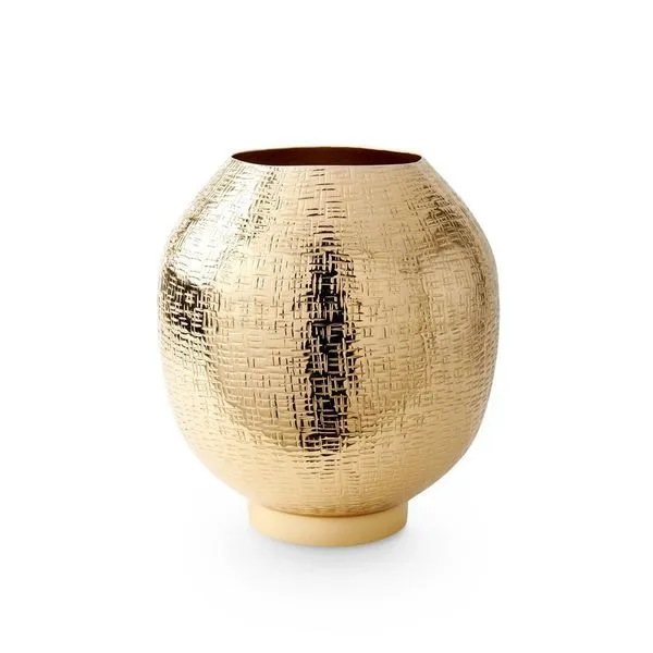 Mali Medium Brass Finish Cache Pot with rounded body and embossed cross-hatch tribal pattern