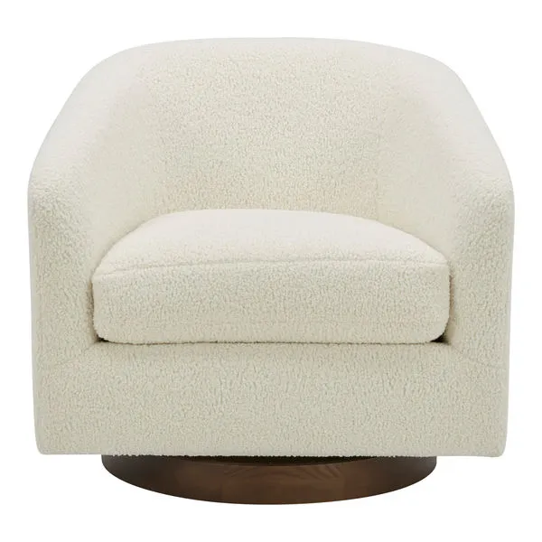 Oscy swivel chair in soft textured white fabric with rounded backrest and wooden circular base