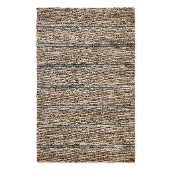 Hand-woven jute area rug in natural beige with evenly spaced blue stripes, flat rectangular shape