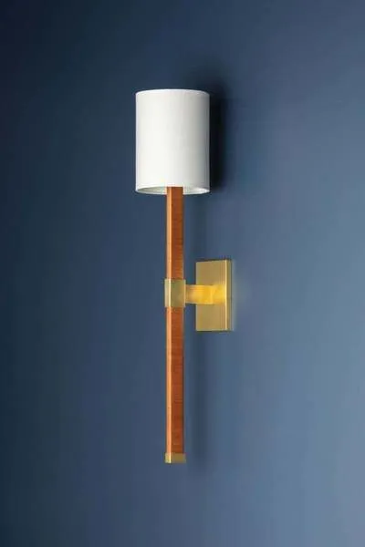 Minnetonka Wall Sconce with rectangular mahogany arm wrapped in rattan, Aged Brass backplate, and white linen shade
