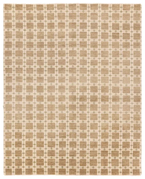 Japera hand knotted modern rug with geometric sage and cream square and cross pattern