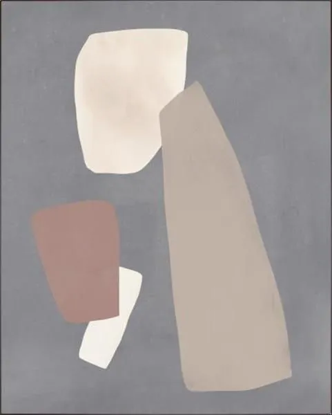 Abstract painting Spaciousness II with organic beige, cream, and muted rose shapes on soft grey background