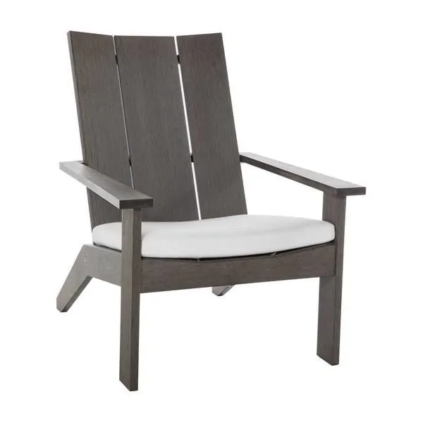 Ashland Slate Gray N-dura Adirondack outdoor accent chair with wide plank back and gray wooden frame, white seat cushion