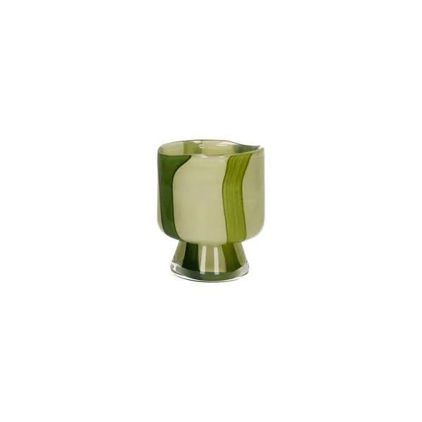 Camou Olive water glass with irregular olive green and transparent stripes and a flared base