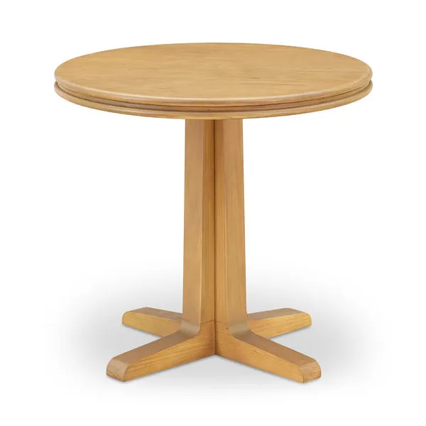 Charles Cafe Table in natural wood with round thick tabletop, double bullnose edge, and four-legged base