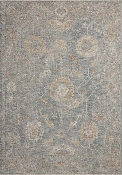 Traditional Louisa Ocean Sunset Rug with pale blue, cream, and brown Turkish floral design