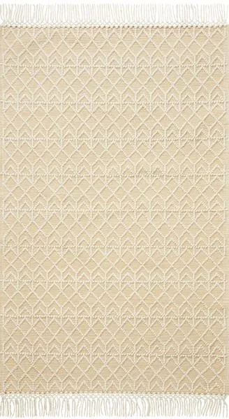 Noelle Ivory Gold Rug with tonal geometric pattern, textured weave, and fringe on both ends