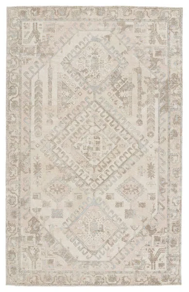 Handwoven Arlowe rug with light brown and pink medallion geometric tribal pattern on soft textured wool and bamboo rayon