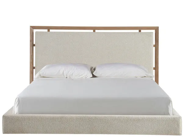 Kendall Panel Bed with fully upholstered beige fabric and wood frame featuring subtle linear panel details