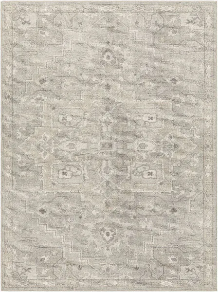 Elle Sage Dusty Sage traditional area rug with muted geometric and floral motifs in soft gray and beige tones