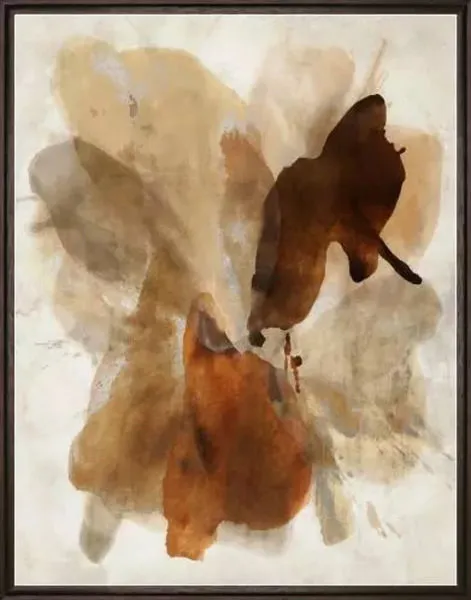Abstract painting 'Autumn' with warm brown, beige, and orange tones blending with soft edges in a dark wood frame