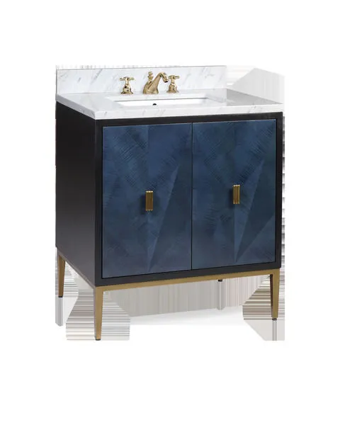 30-inch bathroom vanity with dark sapphire blue sycamore veneer doors, glossy black sides, marble top, and brass legs
