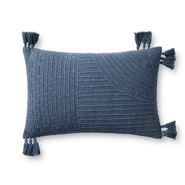 Rectangular blue pillow cover with embroidered linear patterns and tassels on all four corners