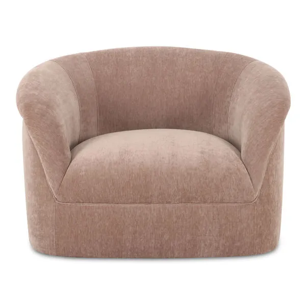 Rosy Sofa with oversized curved form, textured neutral fabric and wide vertical channel detailing