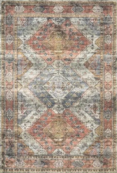 rectangular power-loomed rug with vintage-inspired geometric and floral patterns in apricot, mist blue, and muted earth tones