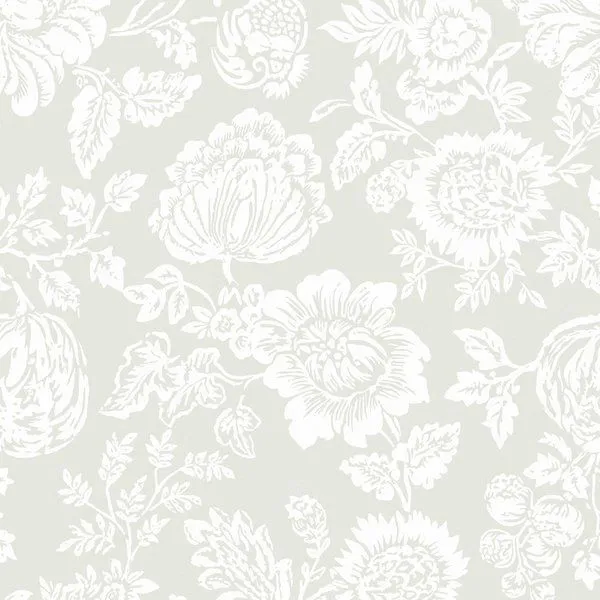 Rachel Ashwell Stipple wallpaper with white botanical floral print on soft muted beige background