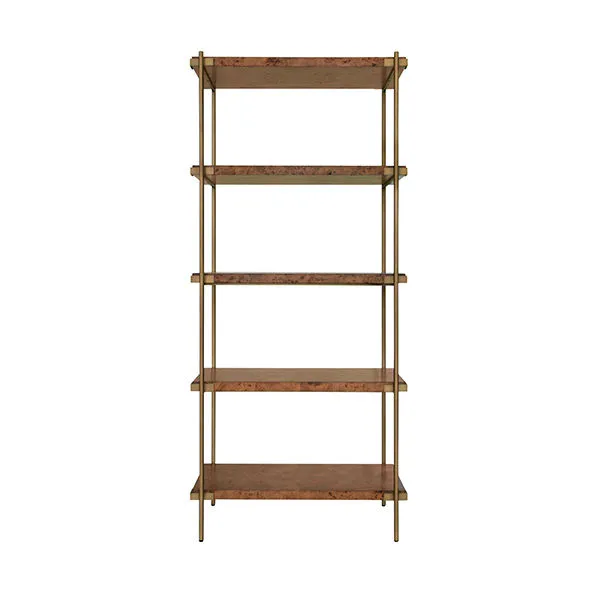 Dark burl wood etagere with five rectangular shelves and thin, gold-toned metal frame