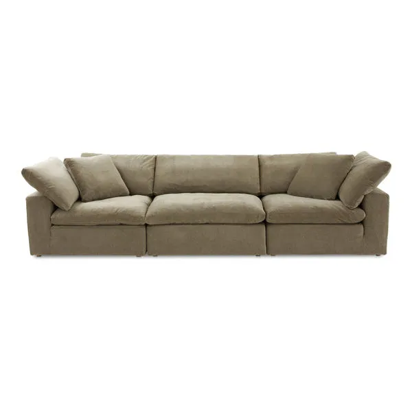 Terra Modular Sofa in taupe performance fabric with broad armrests and plush feather and fiber cushions