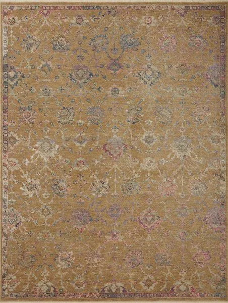 Giada Gold Multi Rug with muted gold base featuring faded floral and classic motifs in pink, blue, and cream
