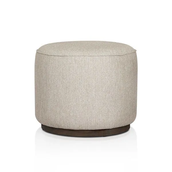Rounded outdoor ottoman with light beige textured fabric and dark wooden base
