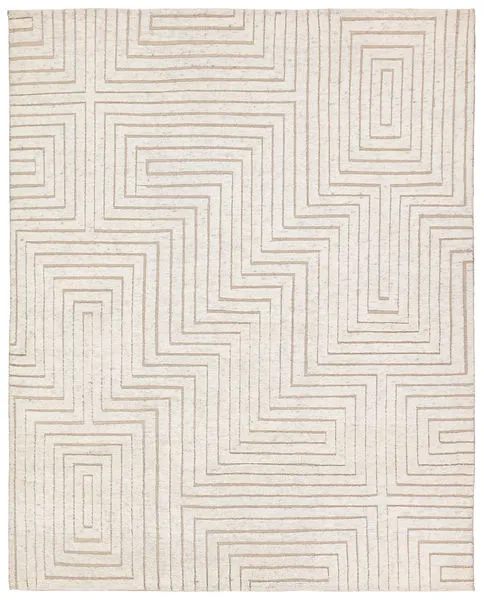 Modern handknotted cream and taupe geometric rug with high-low wool pile featuring abstract linear pattern