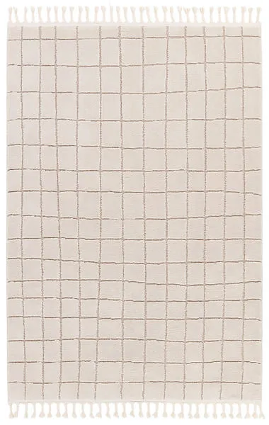 Cream and tan modern rug with a grid pattern and braided cream fringe on both ends