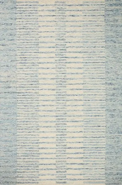 Chris Ivory Denim Rug with soft multi-tonal blue and ivory horizontal stripes and brushed wool texture