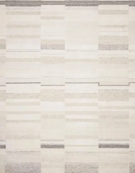 Evelina Ivory Beige Rug with contemporary neutral geometric stripes in hand-woven blend of rayon, cotton, polyester and wool
