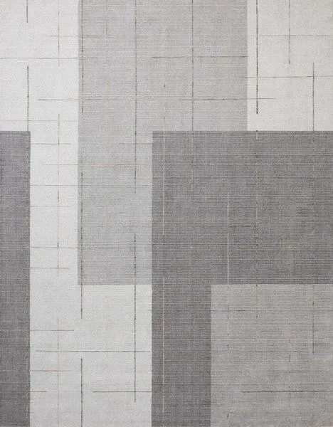 Alistair geometric area rug with grey and olive color blocks and thin space-dyed line accents
