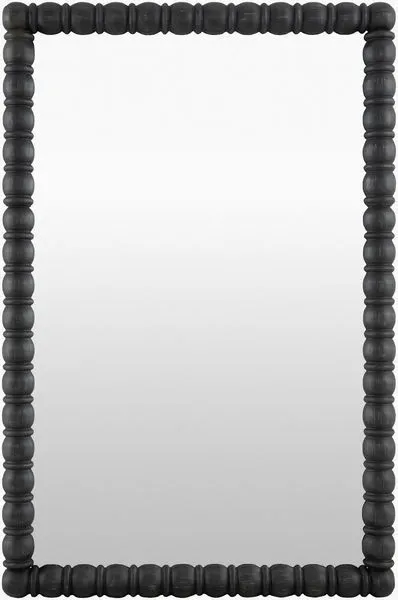 Rectangular black mirror with rounded beaded pine wood frame featuring textured detailing