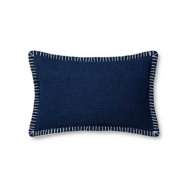 Rectangular navy pillow with white stitched border and textured fabric