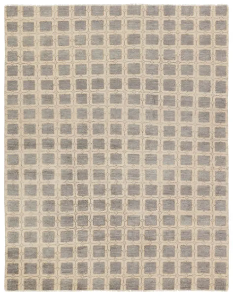 Japera Hand Knotted gray and ivory geometric rug with a repeating square mosaic pattern and a soft textured wool surface