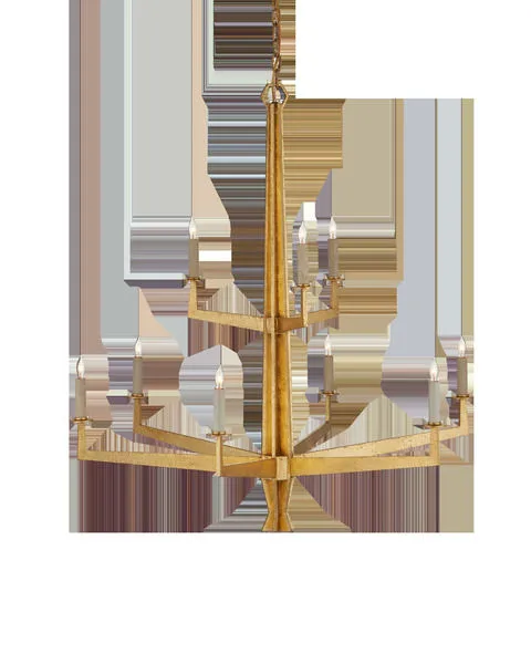 Goldfinch Large Chandelier with geometrical wrought iron arms and a washed Lucerne gold textured finish