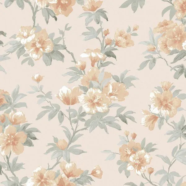 Laura Ashley Rosamund Wallpaper with delicate painterly peach flowers and soft green leaves on pale beige background