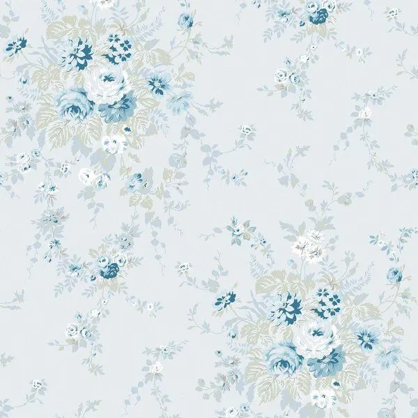 Rachel Ashwell Garden Floral wallpaper with antique Victorian-inspired rambling rose bouquets in blues and soft sages on p...