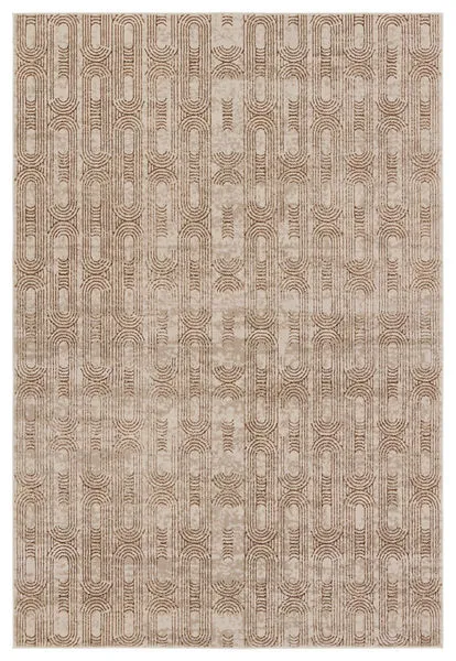 Rectangular mid-century modern rug with geometric gold and beige distressed pattern, 6'7" x 9'6"