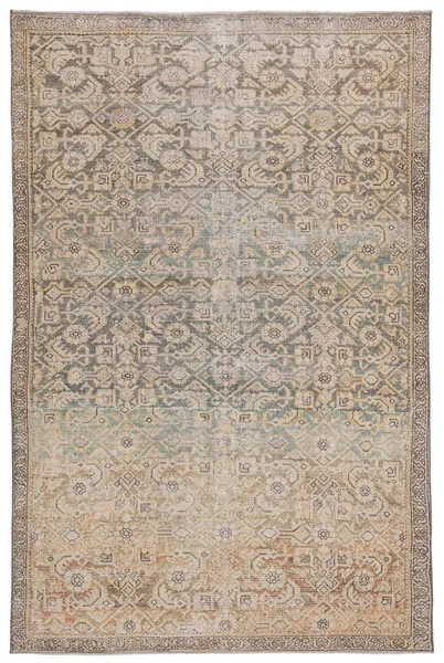 Antiqued beige, green, and blue vintage-style trellis pattern area rug with intricate border, flat weave